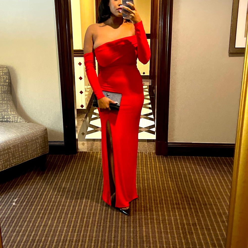 Red Bardot Long Sleeve Maxi Formal Dress